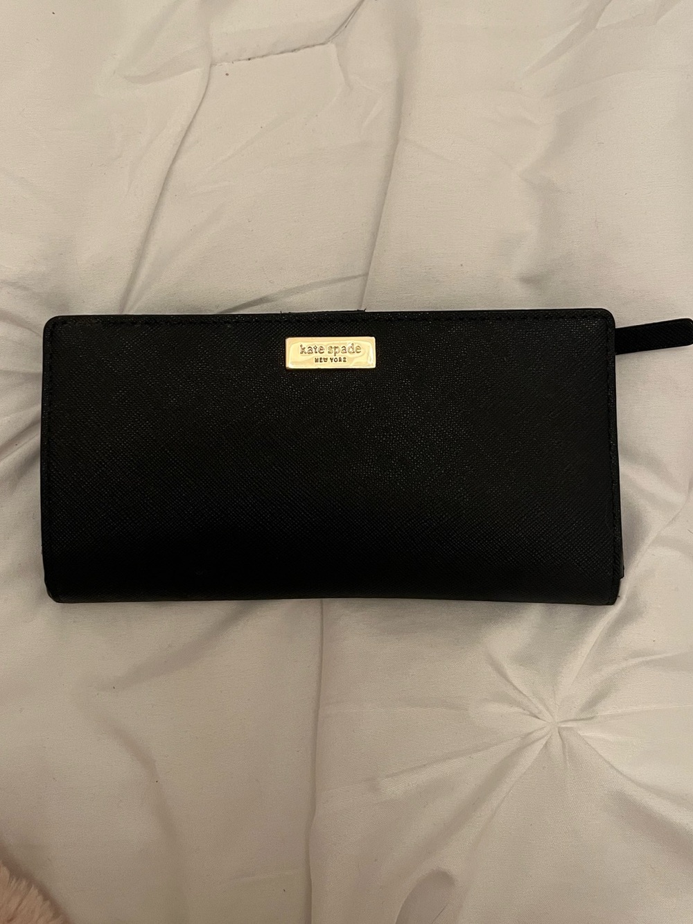 kate spade Black Zip-Around Saffiano Wallet with Gold Plaque